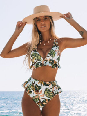 Vibrant Tropical Leaves Ruffled Sleeves Bikini