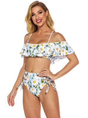 One-Shoulder Ruffled Lace-Up High-Waist Bikini