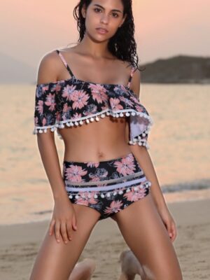 Pink Floral High-Waist Ruffled Swimsuit